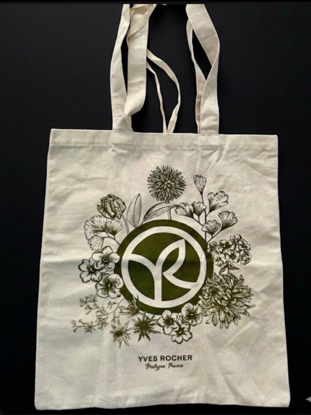 YVES ROCHER 100% Cotton Cream Colored Tote Bag with Olive Green Floral Print